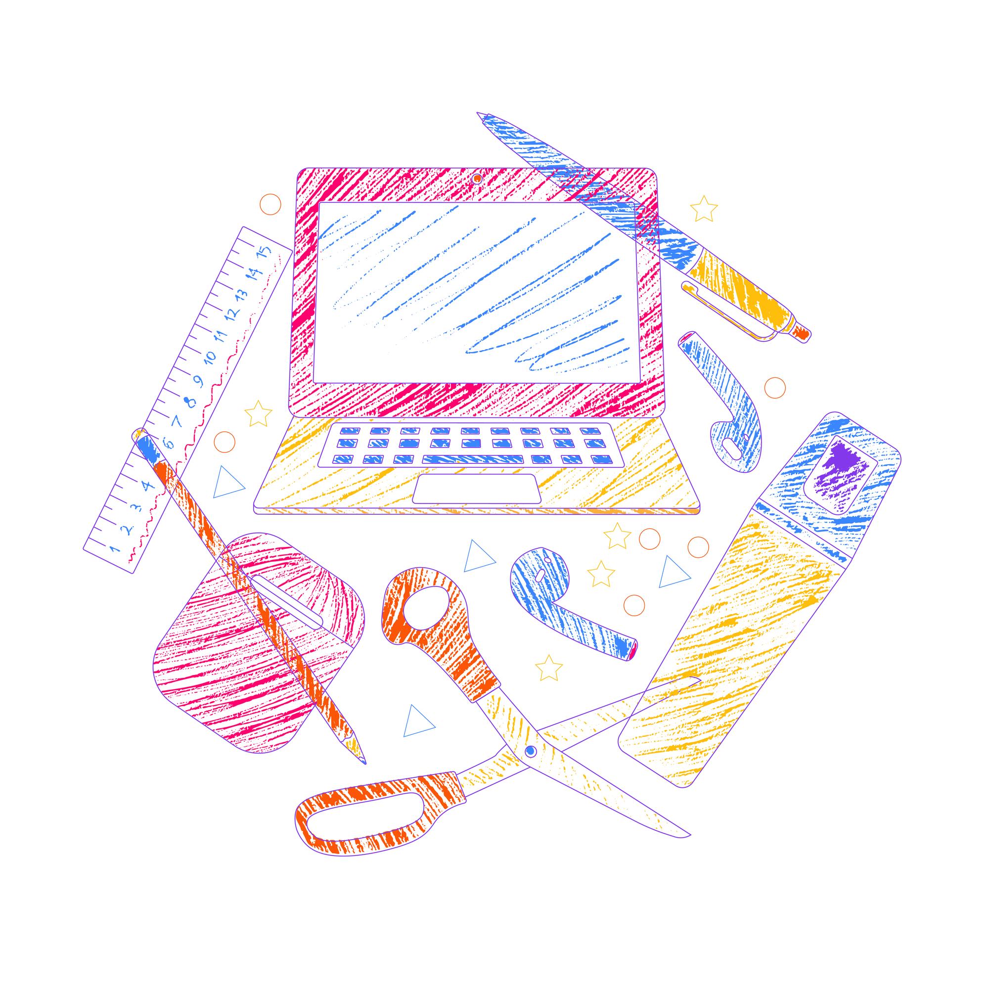 Workstation with threads and laptop showing vector file